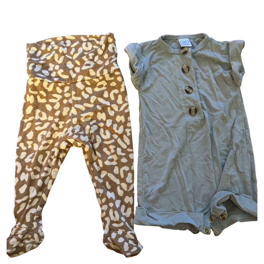 Lou Lou and Company Newborn Sage Green Romper Leopard Footie Leggings